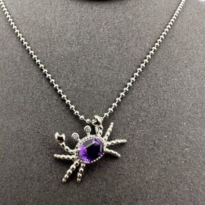 Adorable Silver 925 and Amethyst Crab Pendant Necklace on Stainless Steel Chain